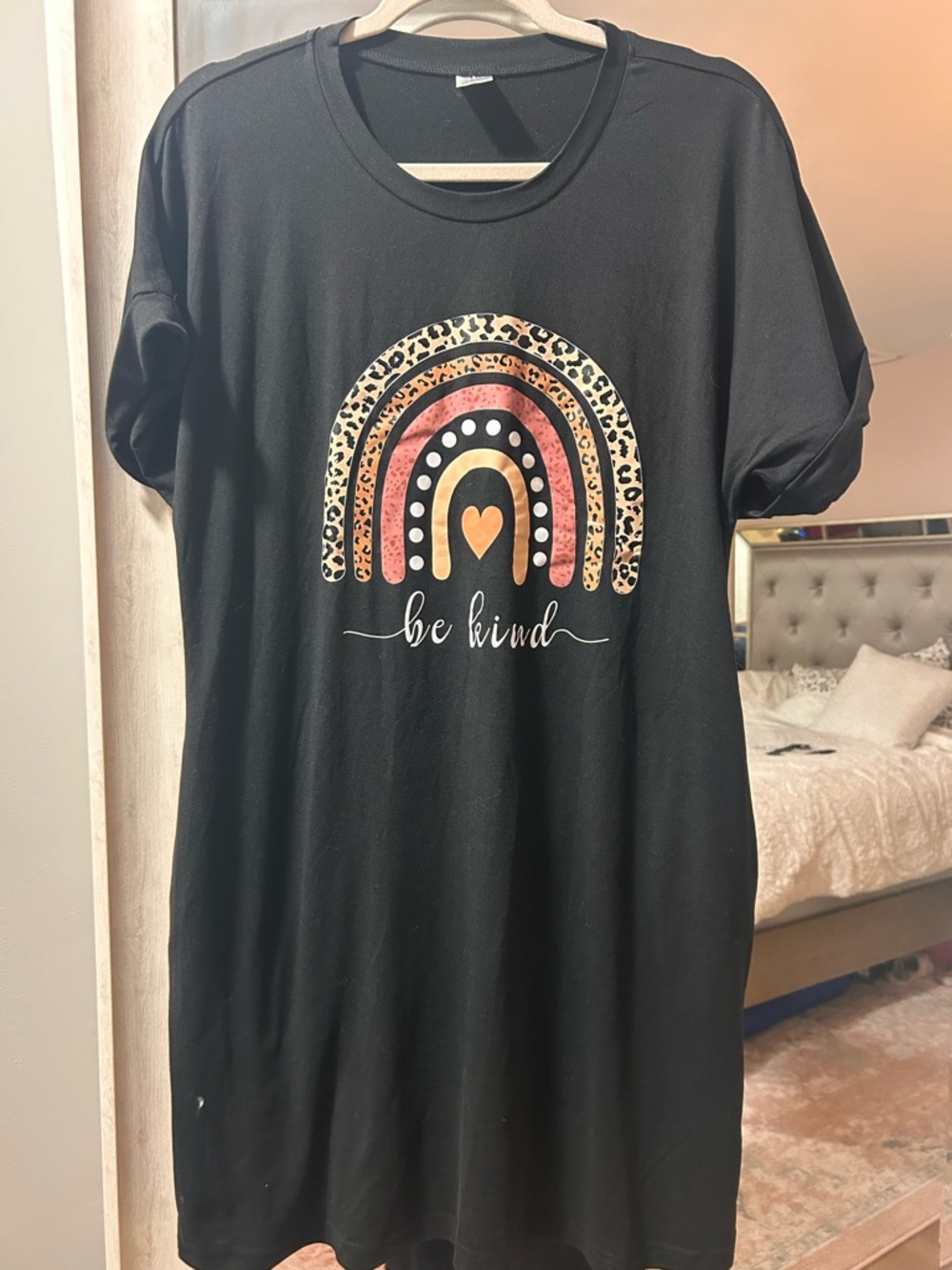 Black Graphic Tee Dress with 'Be Kind' Rainbow
